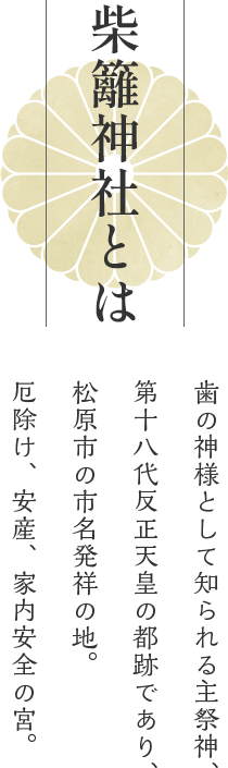 柴籬神社とは歯の神様として知られる主祭神、第十八代反正天皇の都跡であり、松原市の市名発祥の地。厄除け、安産、家内安全の宮。